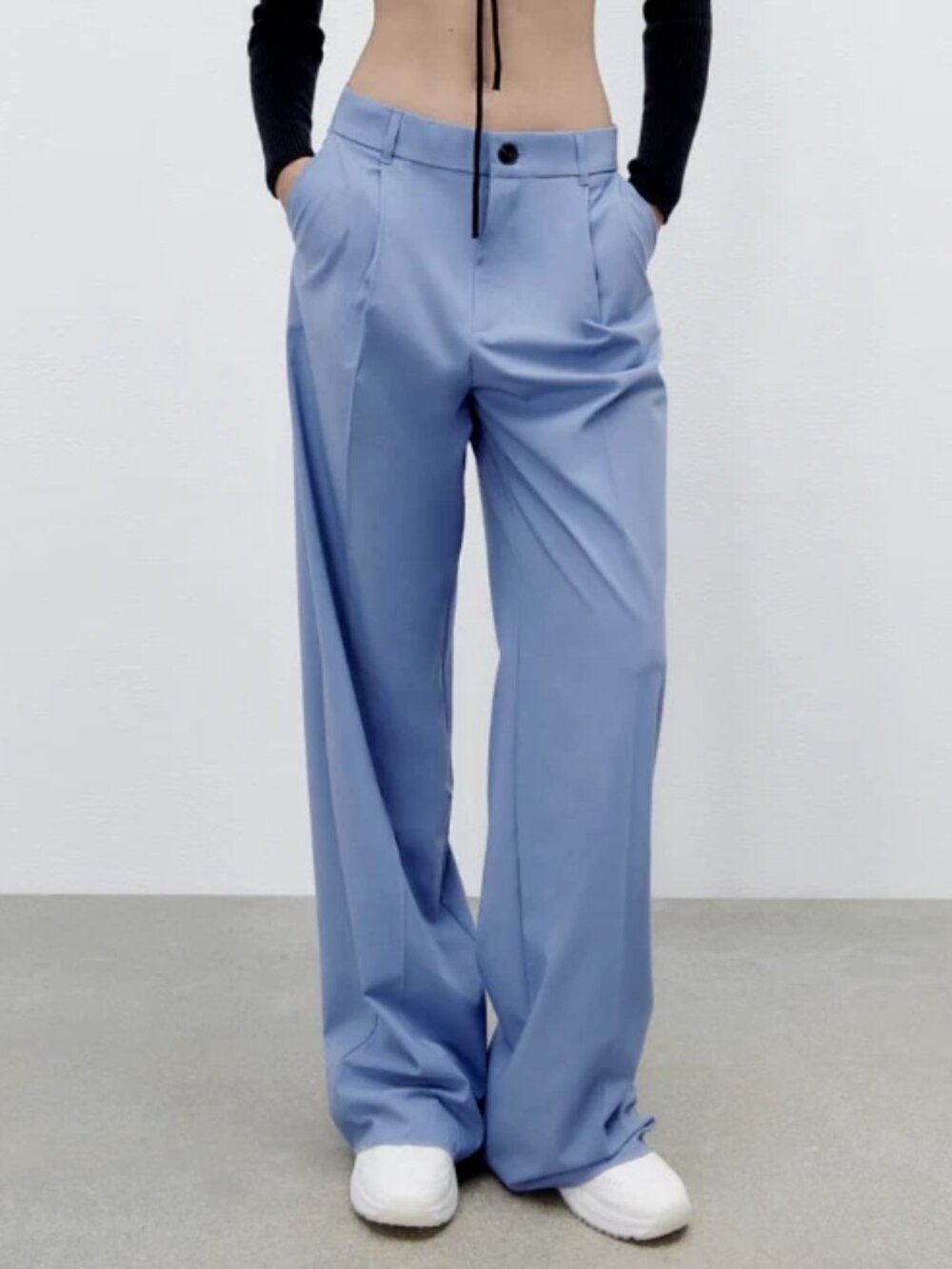 ZARA WOMEN NWT High-waisted WIDE LEG FULL LENGTH PANTS 7385/448 DUSTY BLUE XS-S